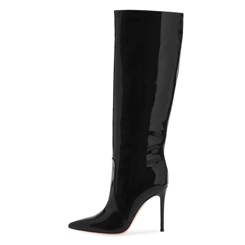 Trending Black Shiny Patent Leather Ladies Pointed Toe Thin Heel Knee High Boots Winter Women 