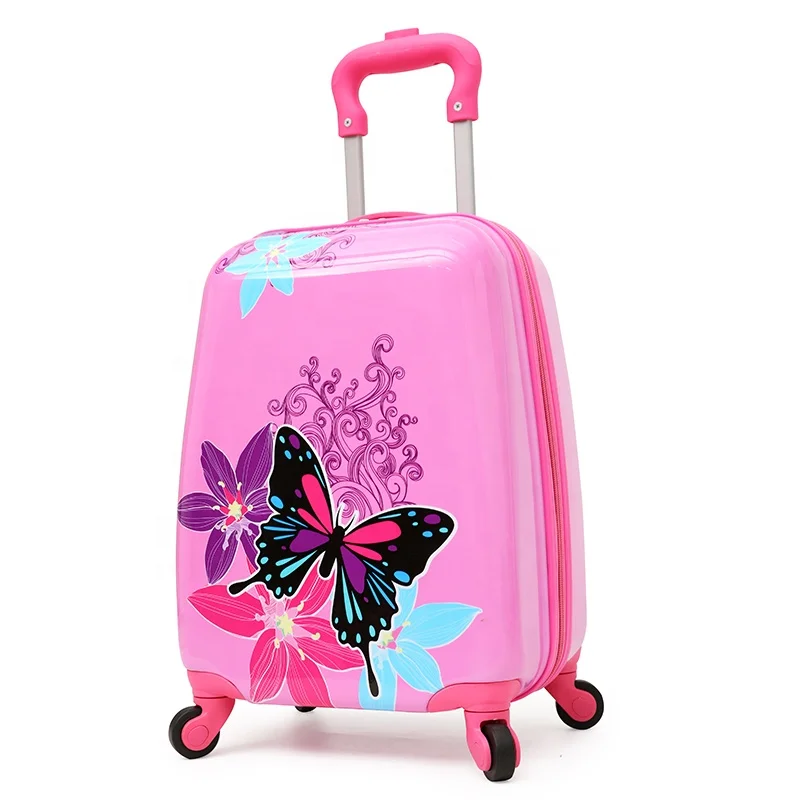 

children's carry on hard shell travelling rolling princess upright luggage case spinner trolley butterfly suitcase for kid, Pink,colorful