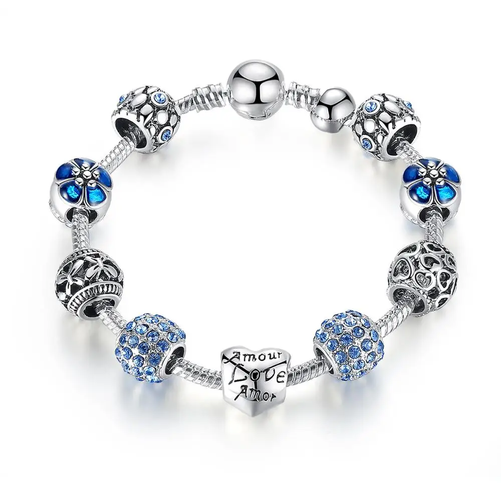 

Women Silver Plated Love Charm Beads Bracelet Fashion Jewelry Gift for Wife and Mom The Perfect Gift for Mothers and Ladies, Blue