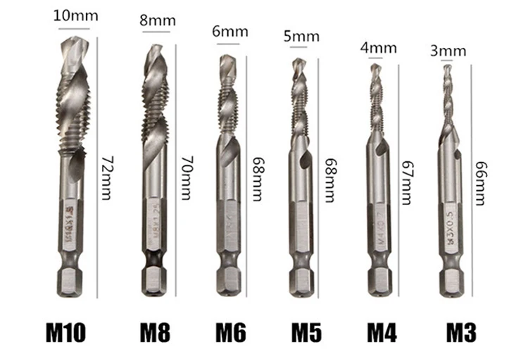 6Pcs M3 to M10 Metric Titanium Combined Combination HSS Drill Tap Set for Metal Drilling Tapping