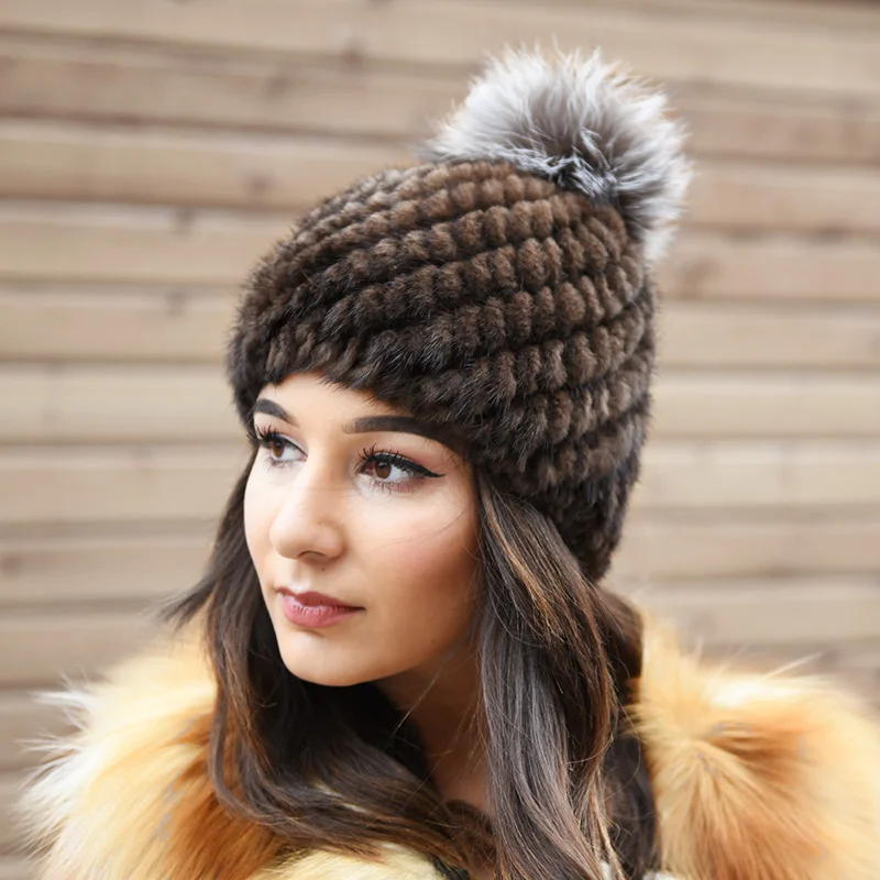 

CX-C-206B Fox Pom Winter Knit Design Genuine Mink Fur Hat for Women