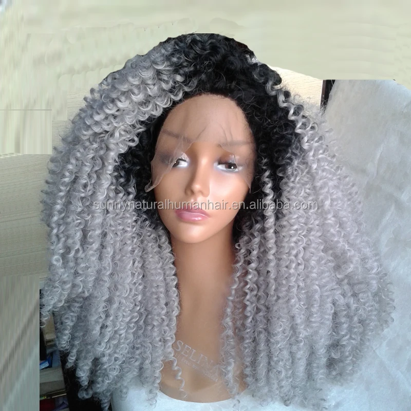 

synthetic lace front wig grey heat resistant afro kinky curly wig 1b grey ombre kinky curly gray curly hair wig for black women, N/a