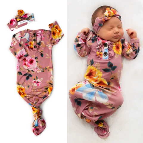 

newborn cotton sleeppbag knot baby floral pajamas unisex baby winter night gowns