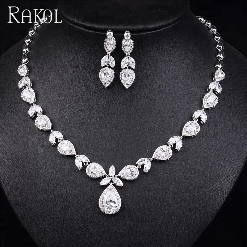 

RAKOL Fashion hot sales silver color CZ zircon crystal flower shape necklace earrings jewelry sets S064, As picture
