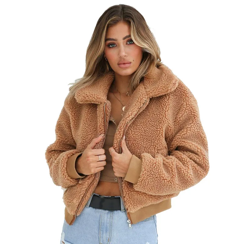 

Newest Turn-down Collar Faux Fur Woolen Long Sleeve Short Women Coats