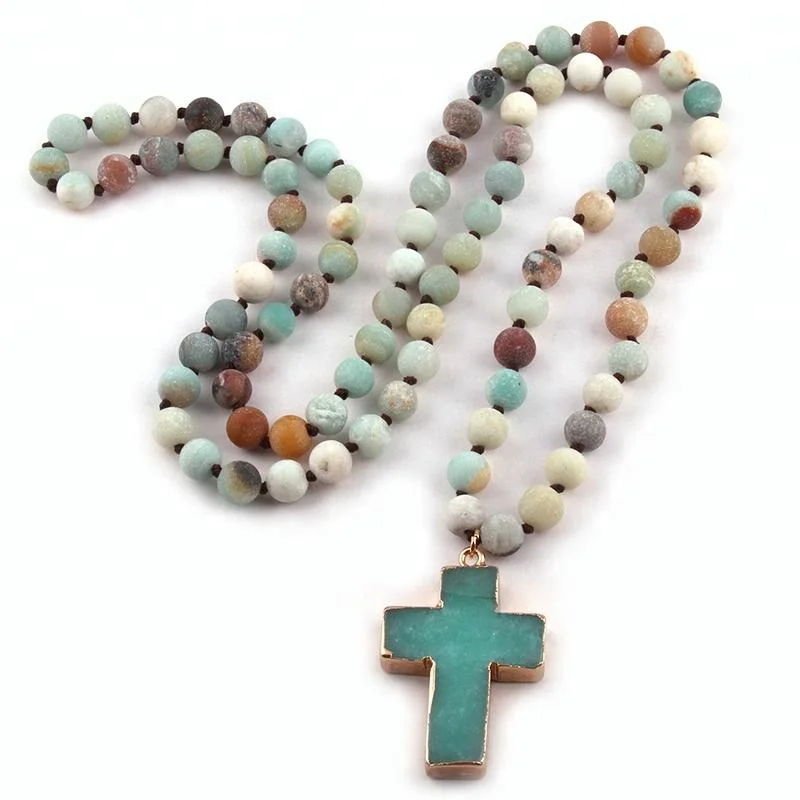 

Fashion Women Necklace Matt Amazonite Stone Necklace Knotted Cross Stone Pendant Necklace