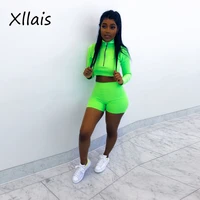 

8018 Neon green tracksuit women 2019 Hottest fashion trend long sleeve zipper tops and shorts matching sets two piece outfits