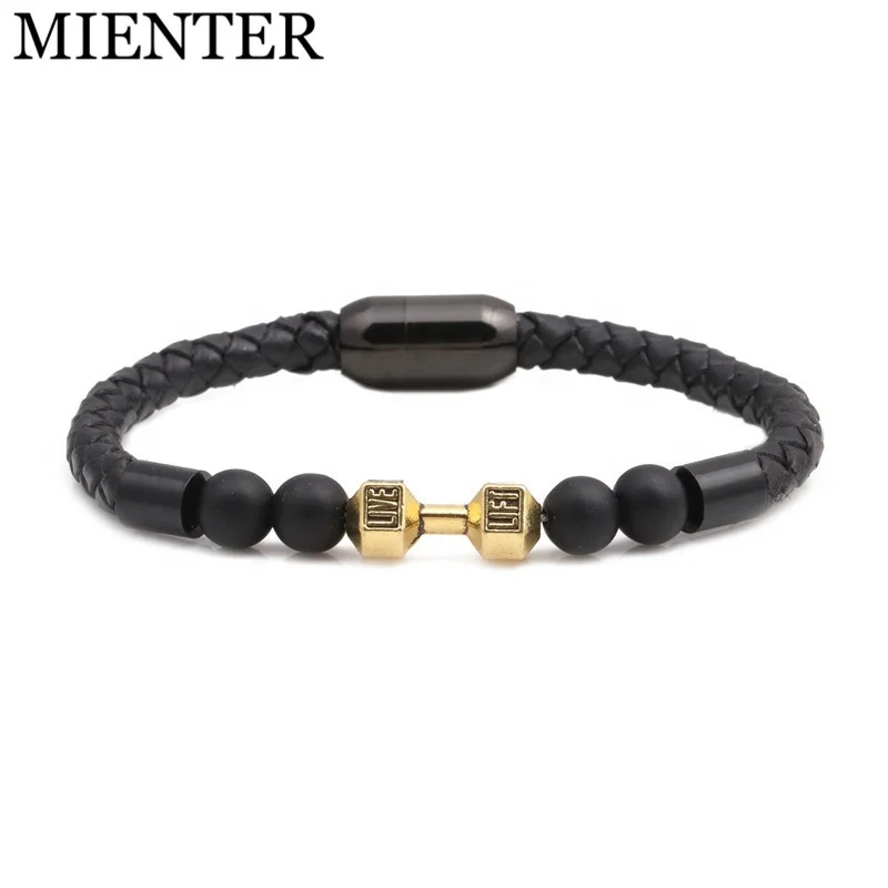 

Wholesale 2019 charm bangle jewelry men power dumbbell sports bracelet natural onyx stone bracelet, Picture
