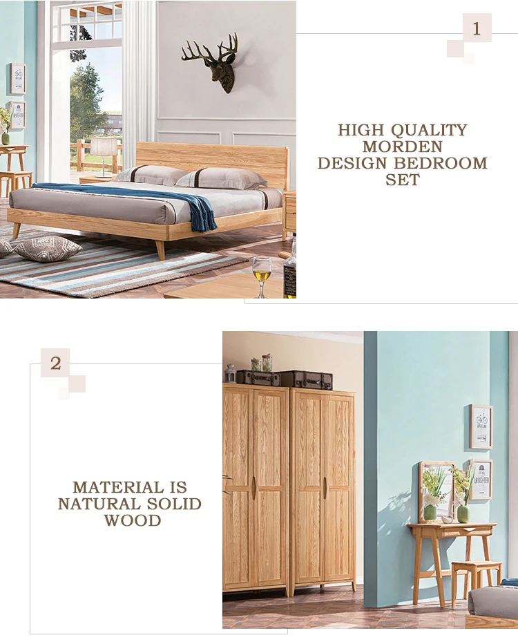 Foshan Furniture Solid Ash Wood Bedroom Furniture Set King Size Bed