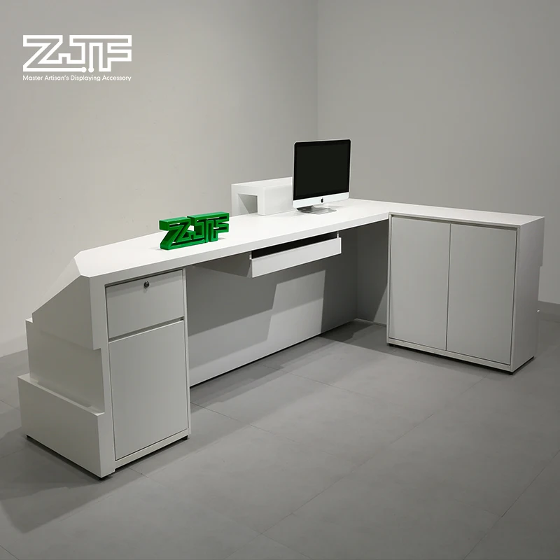 
8ft modern white lacquered reception counter L shaped beauty salon wooden reception desk 