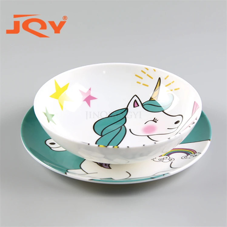 

BPA free plastic melamine cartoon unicorn printed baby food dinnerware plate bowl set for kids