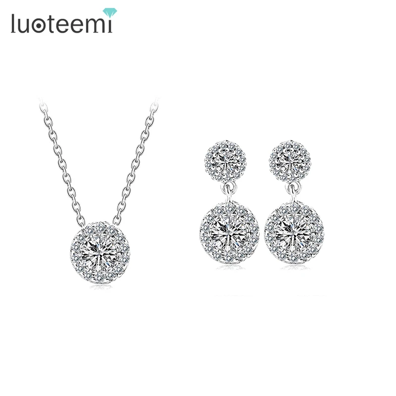 

LUOTEEMI Wholesale Cheap New Fashion Top Quality Elegant Clear Cubic Zircon Women Girl Wedding Earrings Necklace Set