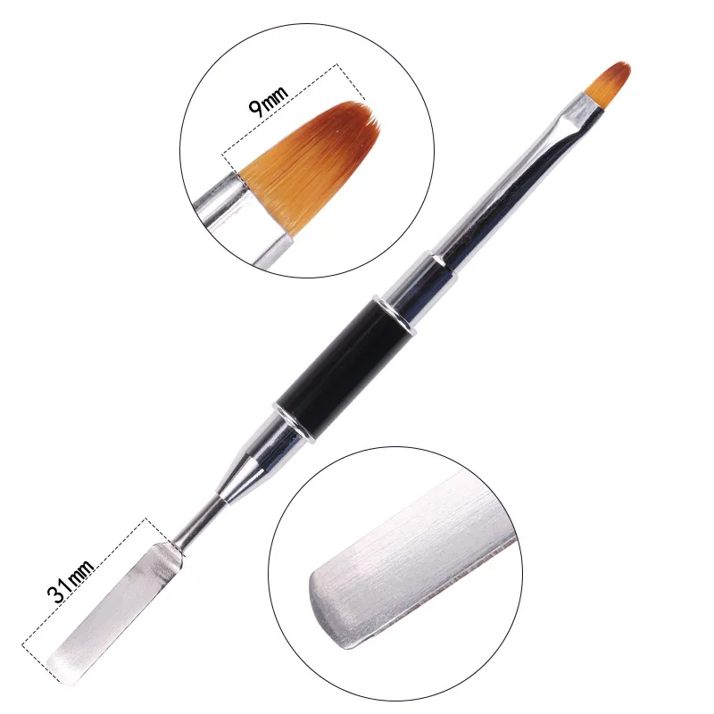 

Newest Professional Black Metal Handle Nail Pen Double Ends Nylon Hair Gel Painting Nail Art Brush with Nail Spatula Pusher