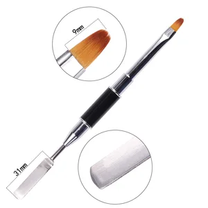 Newest Professional Black Metal Handle Nail Pen Double Ends Nylon Hair Gel Painting Nail Art Brush with Nail Spatula Pusher