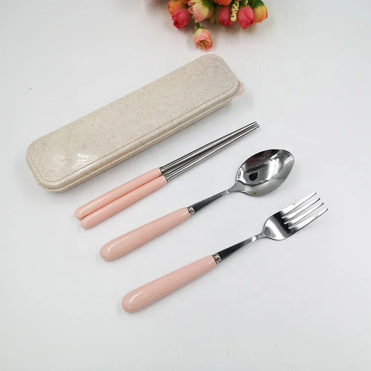 

ceramic handle stainless steel cutlery set 3pcs spoon fork chopsticks with carrying case