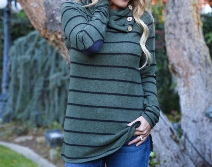

D81 Horizontal Strips Autumn Women T-Shirts Fashion Lady Long Sleeves Lapel T-shirt Fasteners Medium Length Shirts, N/a