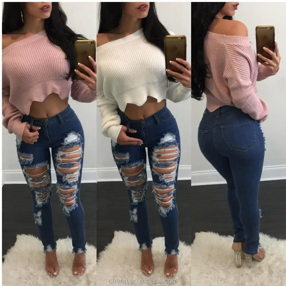 Ht-wjw Latest Hot Sale Women's Denim Stretch Jeans Destroy Skinny ...