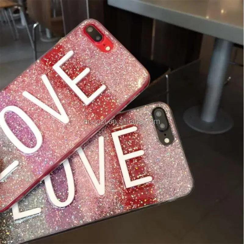 

Flash Powder Phone Case For Apple iP 6 6s Plus 7 7 8 Plus Shell Fashion Glitter Gradient Letter Text Love Coque Soft Back Cover