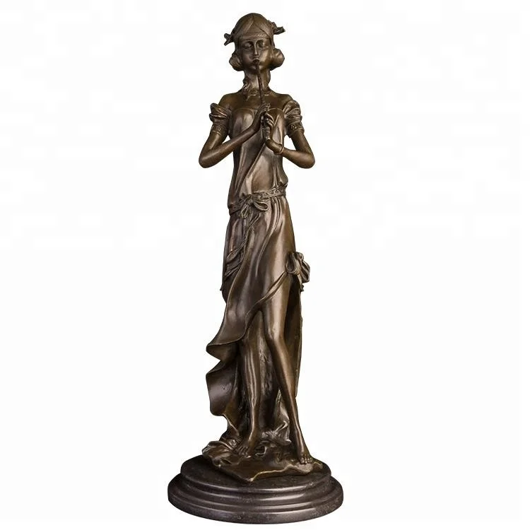 

ArtsHom DS-116 Handmade Bronze Young Girl with long Flute Statues Modern Female Musical Instruments Sculptures Figurine for Home