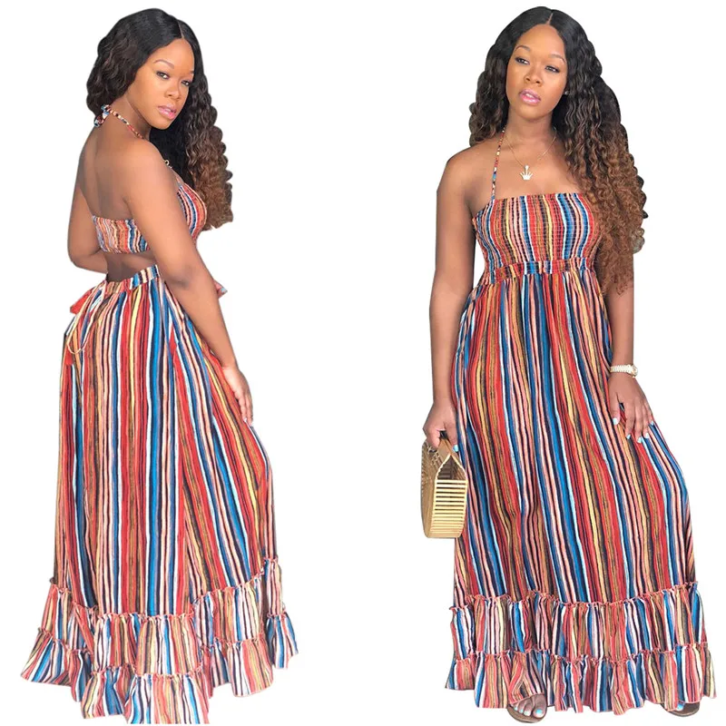 

Fashion strip printed maxi halter neck long dress chiffon new style, N/a
