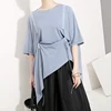 New 2019 Korean Style Women Summer Solid Blue Long Tee Top With Tassel Asymmetrical T-shirt Female Unique T-shirts Femme