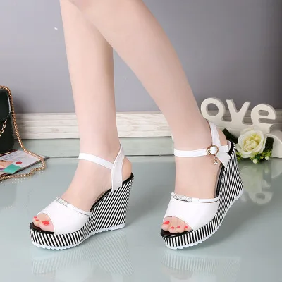 

Z52117D Summer New Sandals Wedges Shoes Striped Fish Mouth Waterproof Platform High-heeled Sandals, Black,white