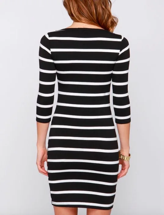 2019 New Spring Summer Women Round Neck Fashion Long Sleeve Straight Plus Size Casual Dress Black and White Striped BodyconDress