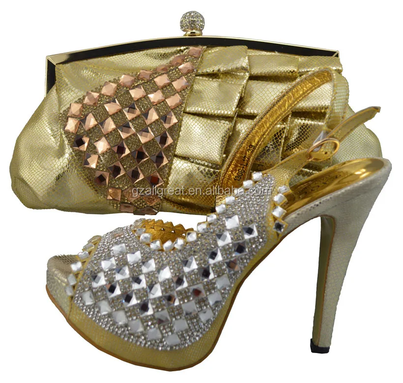 gold shoes and matching handbag