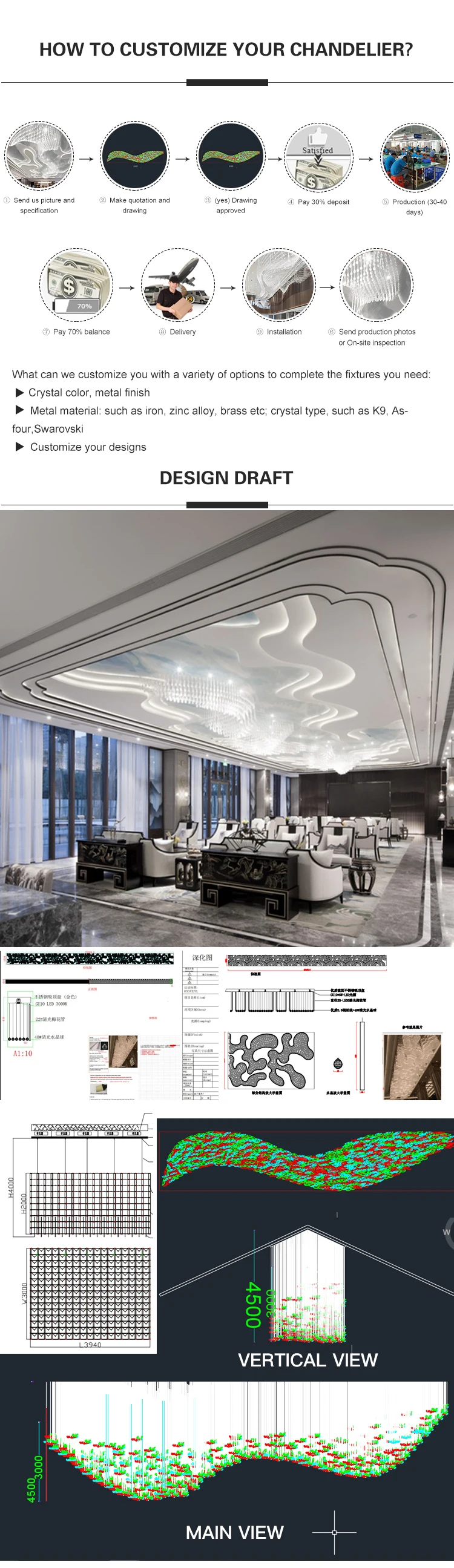 City hotel senior luxury indoor decoration crystal K9 custom chandelier pendant light