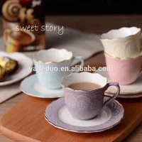 

Modern drinkware ceramic embossed colored mug with saucer porcelain mini 110ml cup with handle