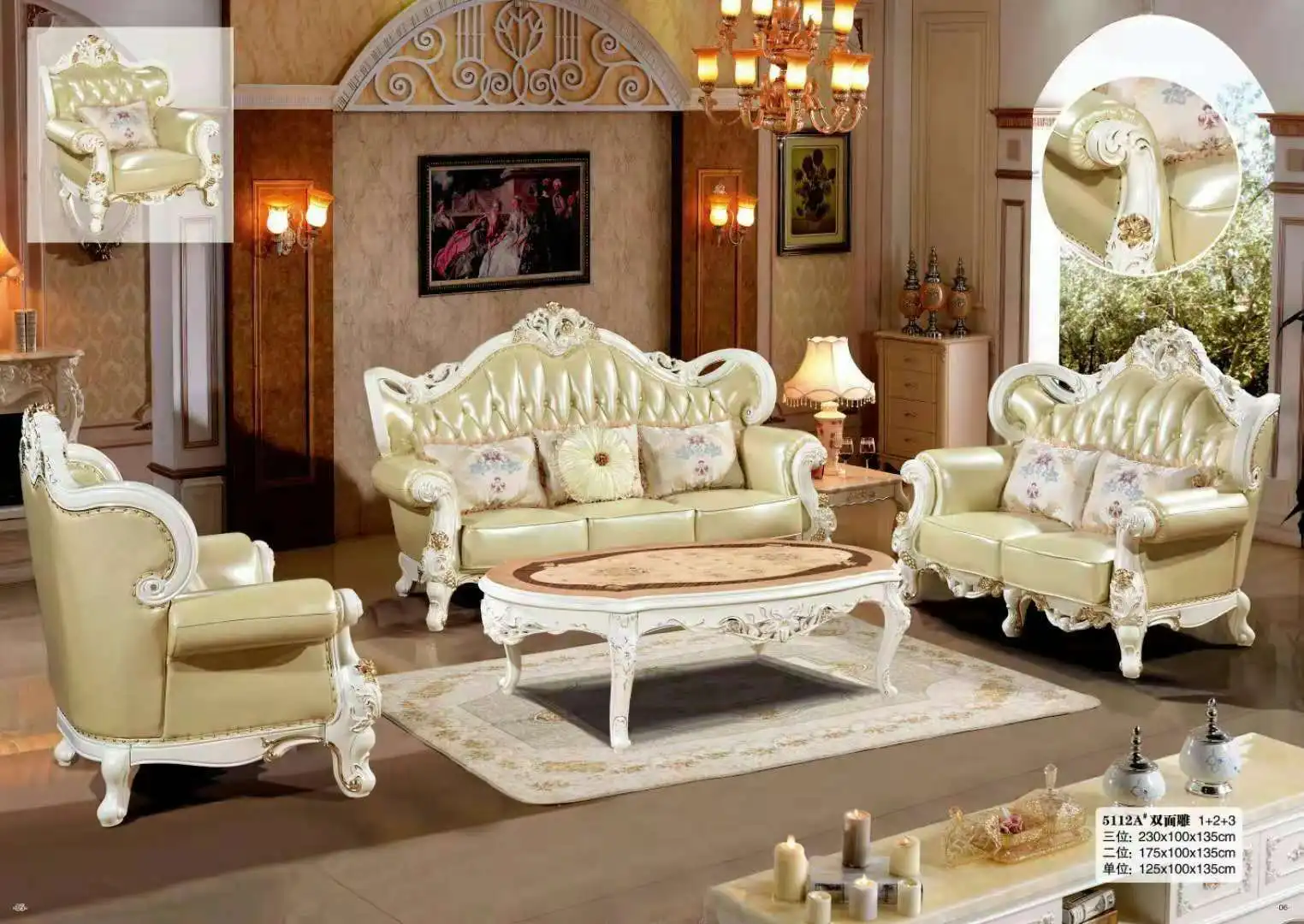 high quality European antique living room sofa furniture genuine leather 1+2+3 set mgsf5112A