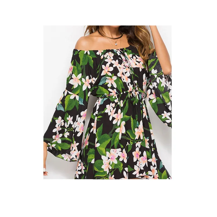 

Wholesale Fashion Fancy Floral Print Dresses Bell Sleeve Off Shoulder Dress, 6 colors as picture shown