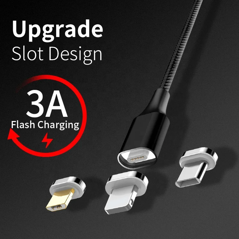 

New design 3 in 1 Side light led usb cable with data cables magnetic usb cable, Black and red