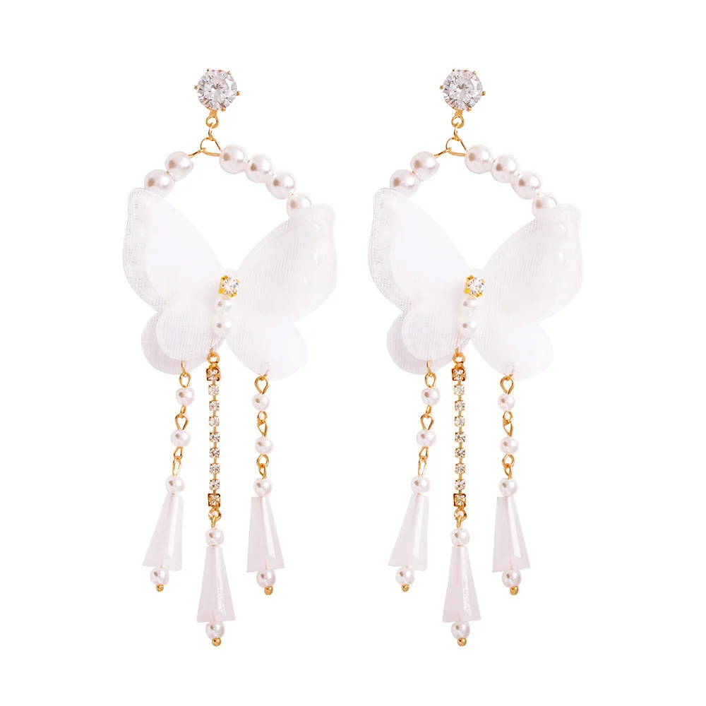 

Trendy Handmade Lace Butterfly Long Tassel Earrings Pearl Bowknot Big Dangle Earrings (SK455), As picture