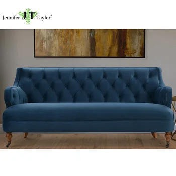 Elegant Design French Country Style Loveseats Three Seats Legion Blue Velvet Fabric Tufted Sofa