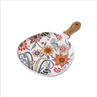 

Custom Printed Ceramic Dessert Dinner Plate With Wooden Handle for Restaurant