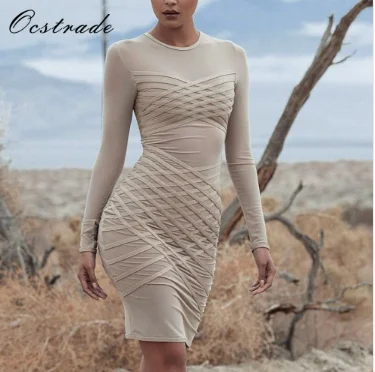 

Ocstrade Woman' Fashion 2017 Summer Nude Long Sleeve Bandage and Sheer Mesh Dress Wholesale HL, As picture or customized