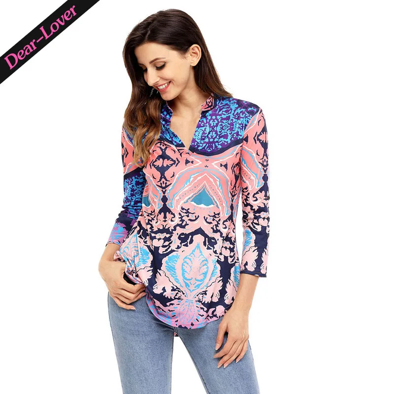 

fashion Women Print Split V Neck Tunic blouse tops women, As shown