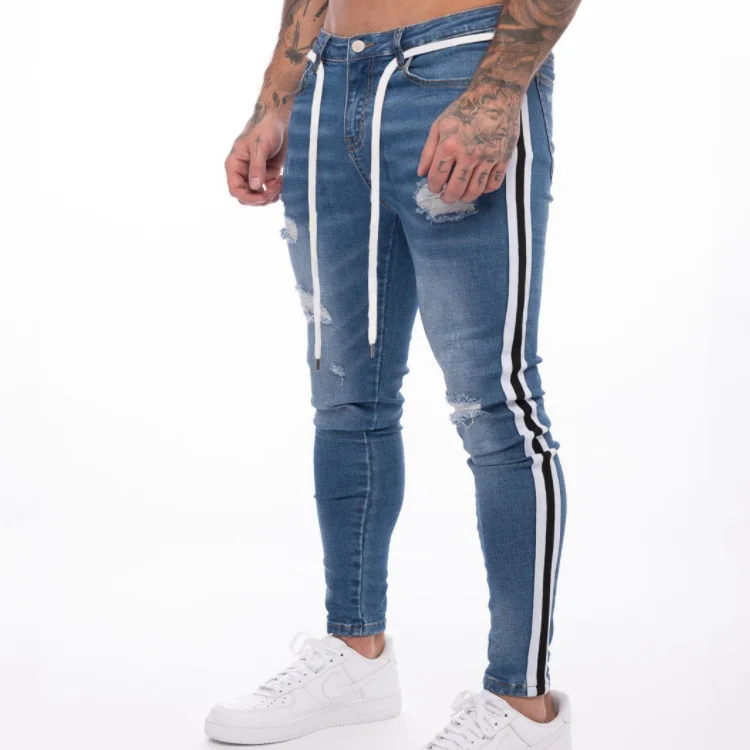

Men's elastic jeans Side Stripe high street jogger pants denim black blue Male slim trousers damage ripped pants rope OEM, Colors