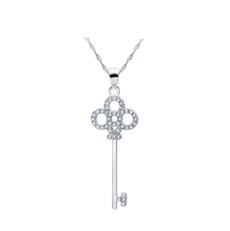 

Fine jewelry 100% 925 Sterling Silver key pendant zircon necklace include chain Free shipping
