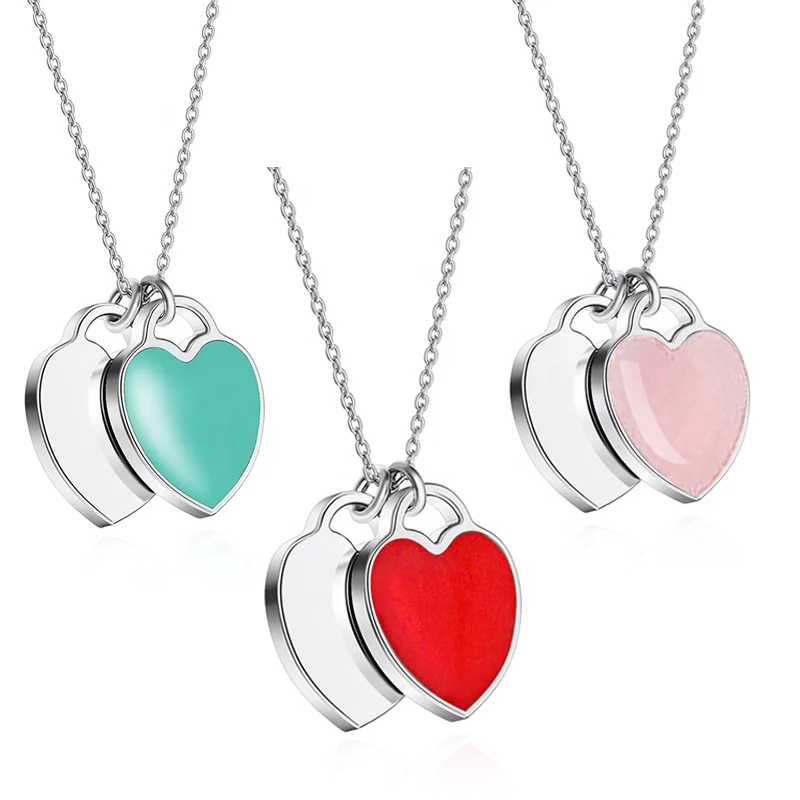 

Elegant Green Red Enamel Double Heart Pendant Necklace Sterling 925 Silver Romantic Anniversary For Girlfriend Jewelry, Red;pink;green