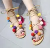 P0157 New colorful ball lace-up national wind toe sandals beach flat shoes sandals