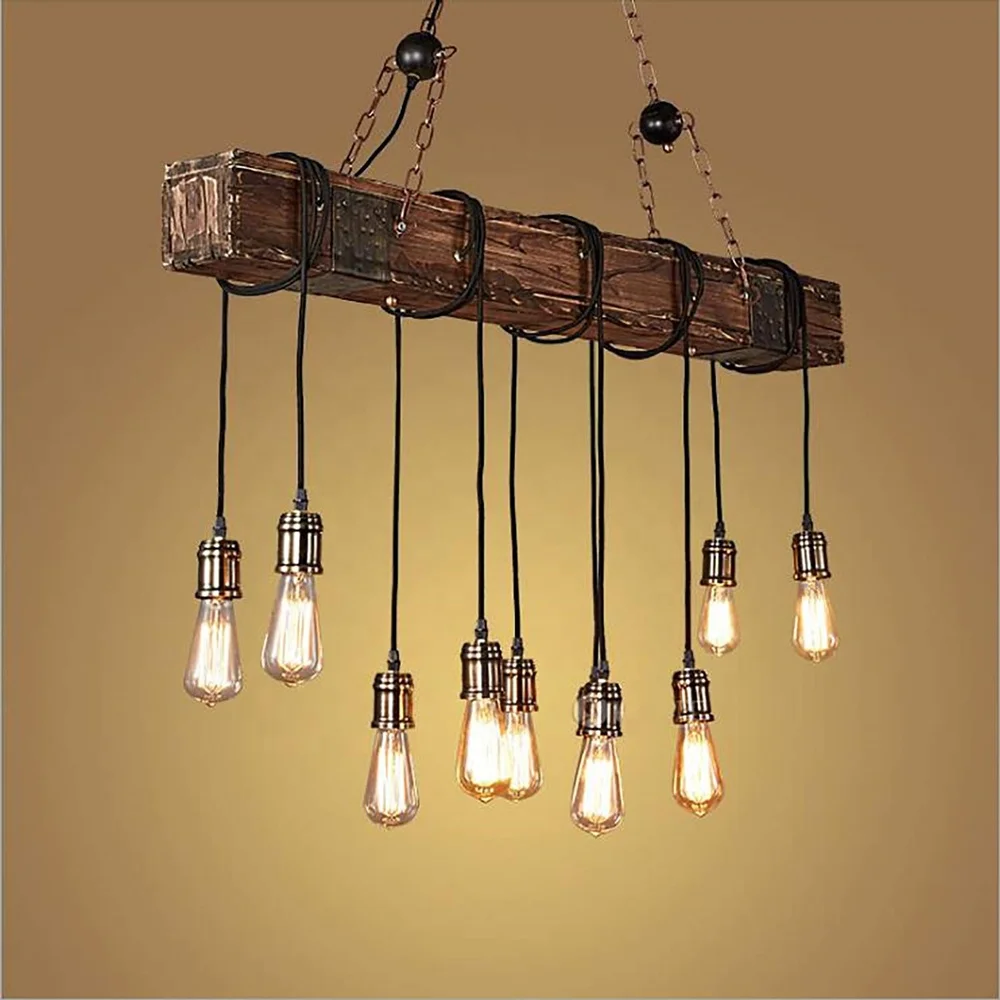 
Indoor retro Hanging Rustic Metal loft Vintage LED lamp Wooden beaded Chandelier Pendant lighting 