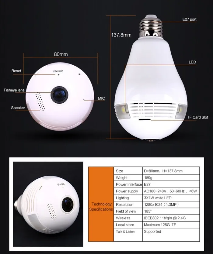 360 degree Camera Hidden Camera Security Bulb Light IP Wireless Webcam Wifi HD Camera