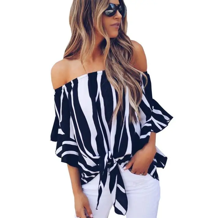 Women Striped Off Shoulder Blouse Summer Women Blouse Short Sleeve Casual Shirts Sexy Tops