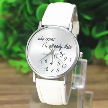 Originální hodinky s nápisem „who cares I´m already late“ z Aliexpress