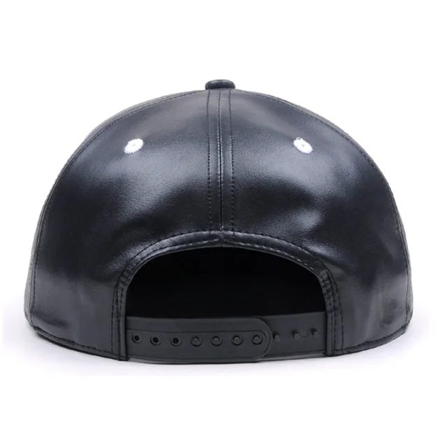 Embroidered Pattern Black Leather Strap Snapback Cap Flatbill Hat - Buy ...