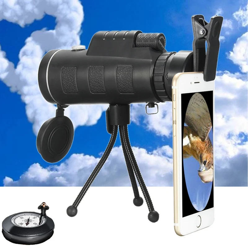 

40X60 Clip On Monocular Telescope Lens with Tripod Waterproof HD Travel Universal For iPhone For Samsung Mobile Phones Portable