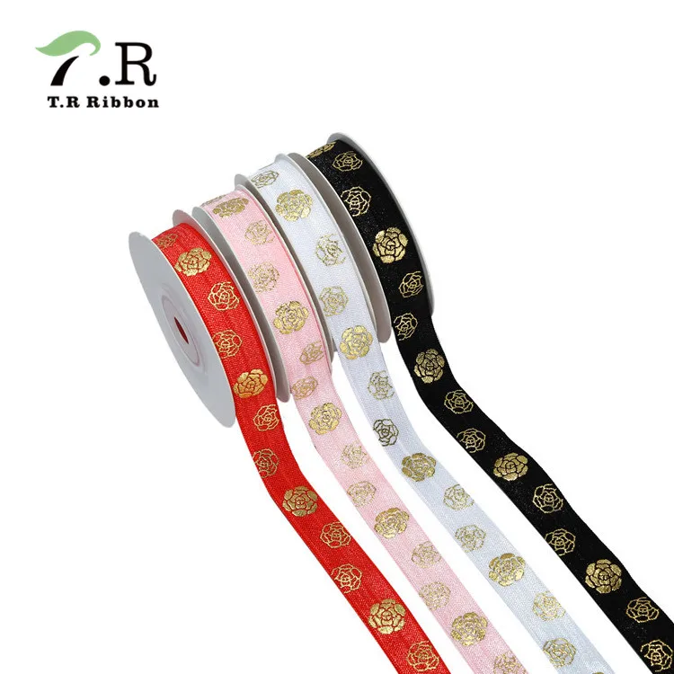 

New arrival rose printed gold foil metallic foe ribbon custom ribbon logo for bracelet, Colorful;so many colors to choose