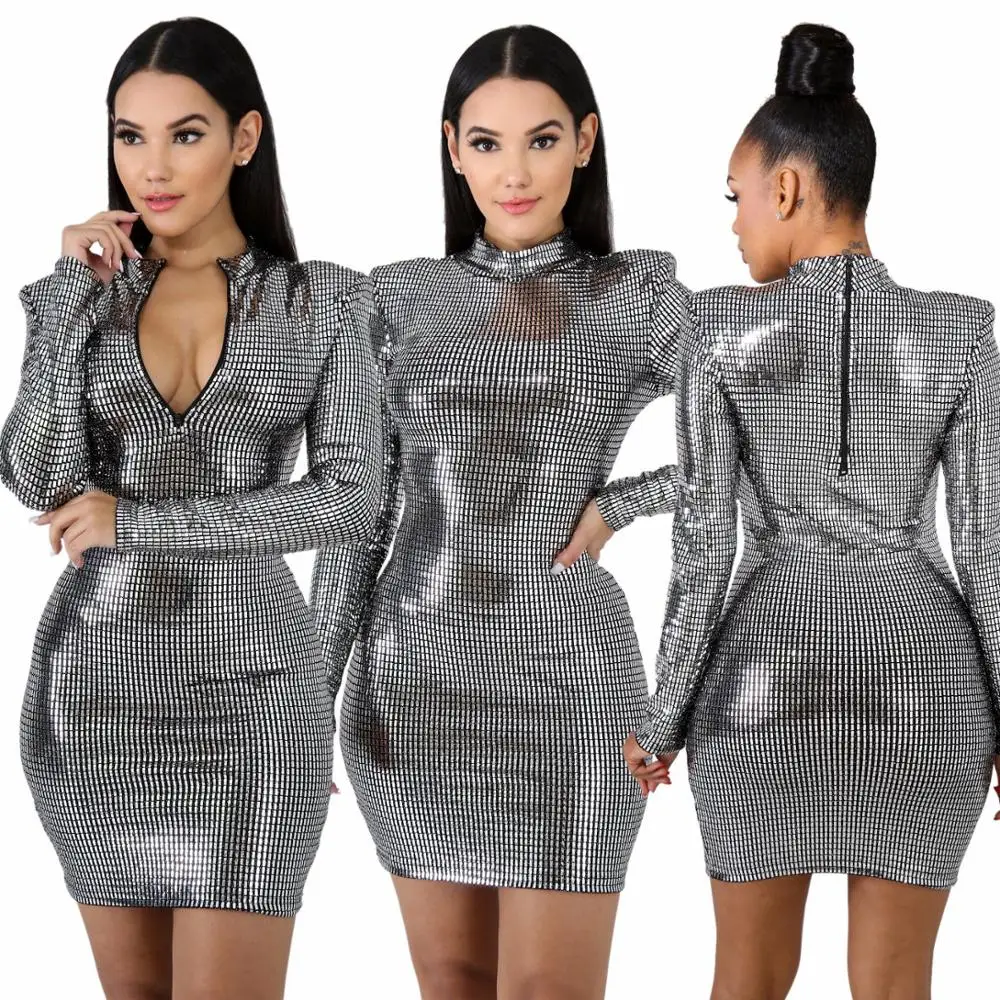 

2019 spring new high-neck long-sleeved glitter sequins positive and negative two dresses, N/a